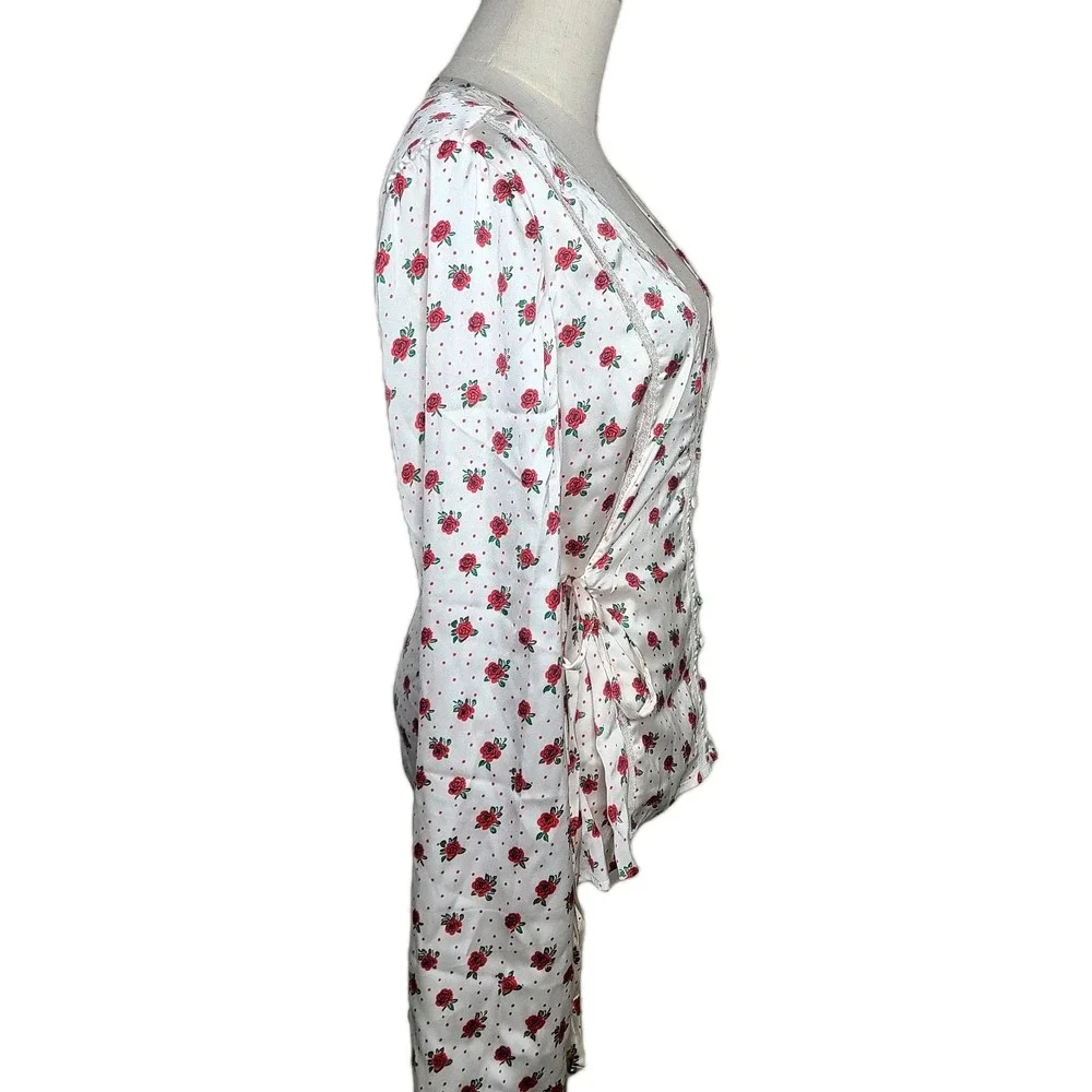 Free People Field Of Roses Satin Lace‎ Top L Cream Red Coquette Peasant Blouse